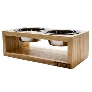 Comedouro Duplo De Madeira Com Potes Inox Para Pets Natural