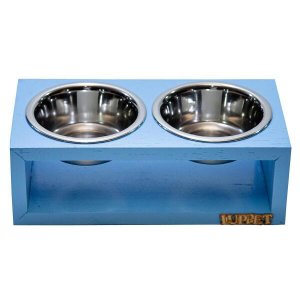 Comedouro Duplo Com Potes Inox Para Gatos E Cachorros Azul