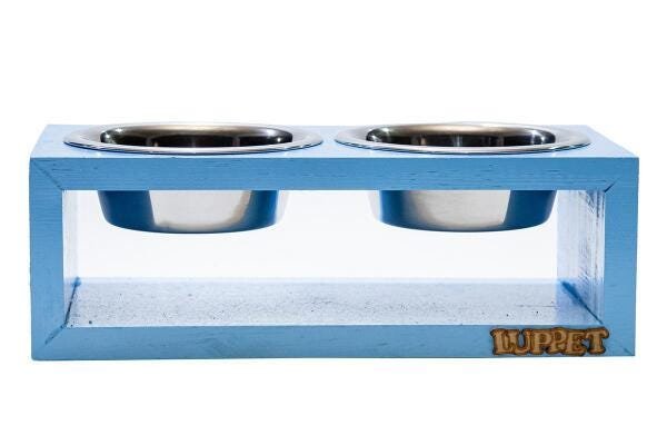 Comedouro Duplo Com Potes Inox Para Gatos E Cachorros Azul - 3