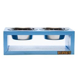 Comedouro Duplo Com Potes Inox Para Gatos E Cachorros Azul - 3