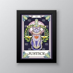 Quadro Decorativo Carta Tarot Justiça Gato 33x24cm - com vidro:Madeira branca - 1
