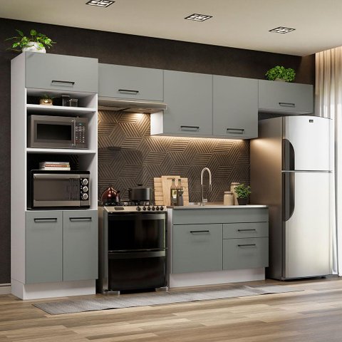 Armário de Cozinha Completa 350cm Branco/Cinza Agata Madesa 01