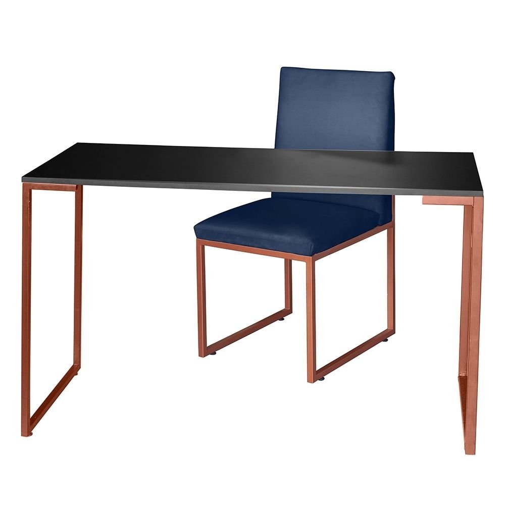 Kit Home Office Mesa Para Escritorio com Cadeira Garden Ferro Bronze Corino Azul Marinho - Móveis