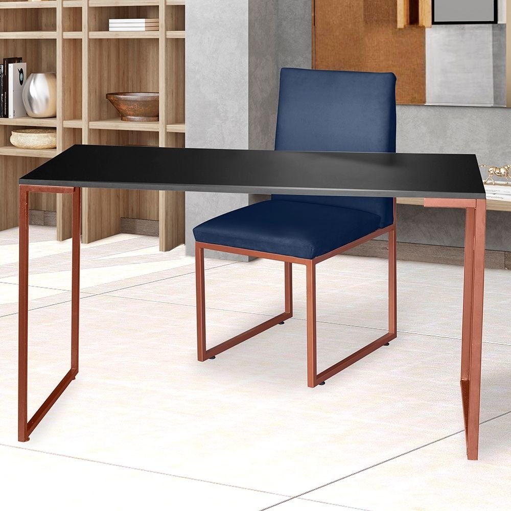 Kit Home Office Mesa Para Escritorio com Cadeira Garden Ferro Bronze Corino Azul Marinho - Móveis - 2