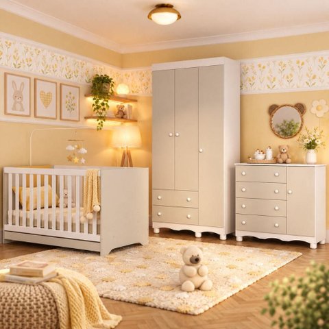 Quarto de Bebê Completo com Berço Americano 3 em 1 e Colchão Incluso Flor Multimóveis MP4943