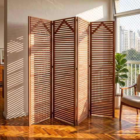 Biombo Decorativo Ripado Sanfonado 4 Folhas Madeira Maciça 180cm Marrom Liver
