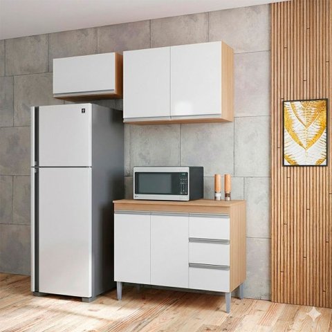 Conjunto Kit Cozinha Compacta Balcão Pia sem Tampo e 2 Armários Aéreos Geladeira Ajl Móveis
