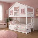 Ver imagem 3 de Beliche Infantil Solteiro Casinha Dos Sonhos com Varanda Madeira Maciça Branco Rosa Housin