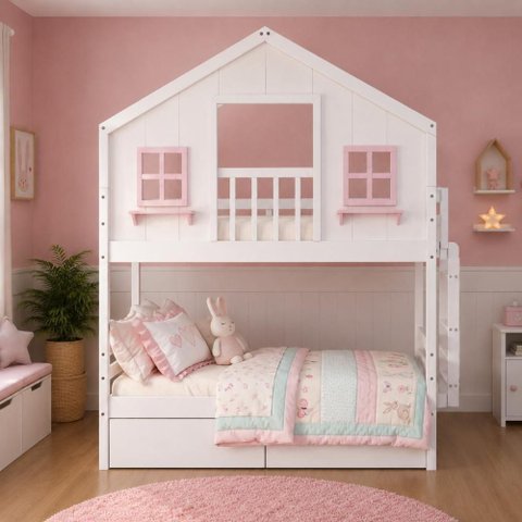 Beliche Infantil Solteiro Casinha Dos Sonhos com Varanda Madeira Maciça Branco Rosa Housin