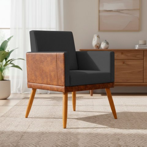 Poltrona Decorativa Lis para Sala Quarto Recepção Linho Corino Assento Confortável Pé Castanho