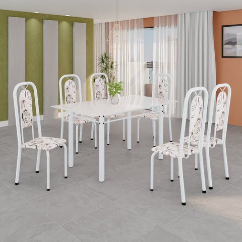 Conjunto de Mesa Tubular com 6 Cadeiras Lara Branco/Arabesco