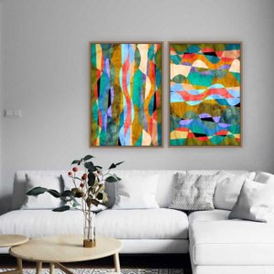 Quadro Tela Sinuoso Cores Moldura Bege 2X 95X63Cm
