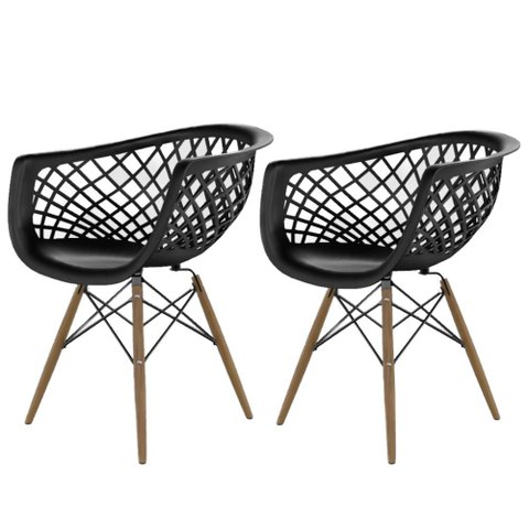 Kit 2 Cadeiras Web Pretas em Polipropileno com Pés de Madeira para Sala de Jantar e Cozinha