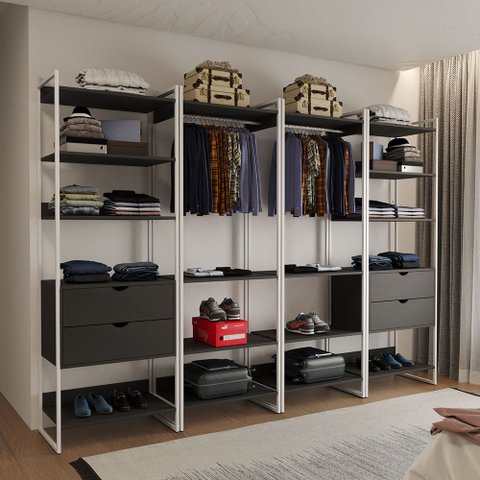 Guarda Roupa Aberto Industrial Casal Modulado Completo Preto Cabideiro com Gavetas Ferro Branco