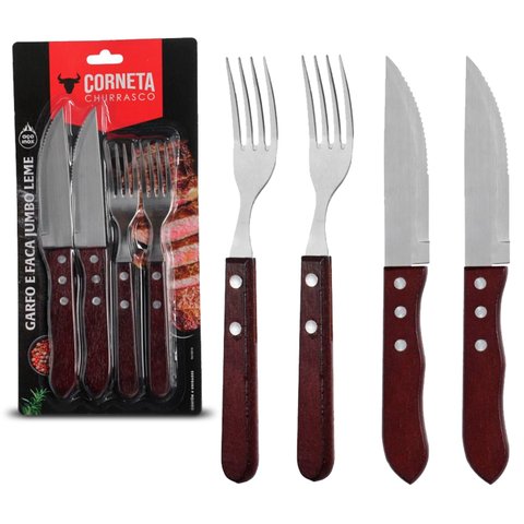Jogo para Churrasco Corneta 4 Peças Jumbo Garfo Faca Inox