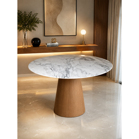 Mesa de Jantar Cone Freijó - Redonda 130cm - Mármore Espirito Santo
