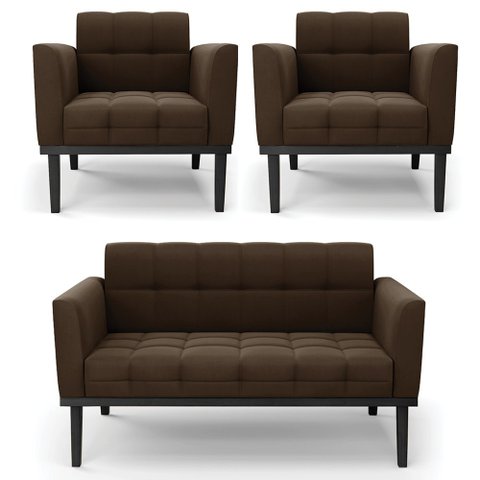 Sofá Namoradeira e 2 Poltronas Base Madeira Preto Ana Suede Marrom - Ibiza