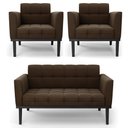 Ver imagem 1 de Sofá Namoradeira e 2 Poltronas Base Madeira Preto Ana Suede Marrom - Ibiza