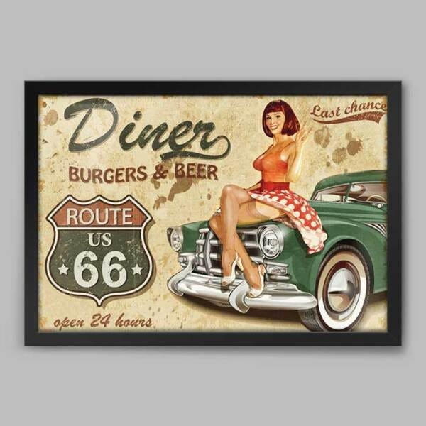 Quadro Cozinha Vintage Burgers e Beer - 90x60cm - Moldura Caixa Preto - 1