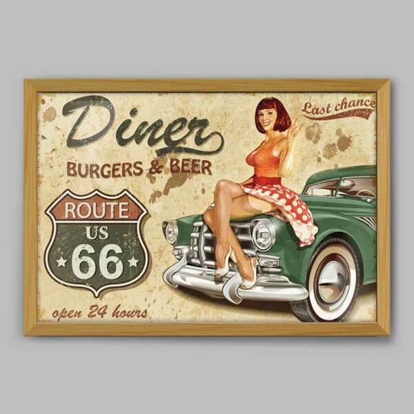 Quadro Cozinha Vintage Burgers e Beer - 90x60cm - Moldura Caixa Madeira - 1