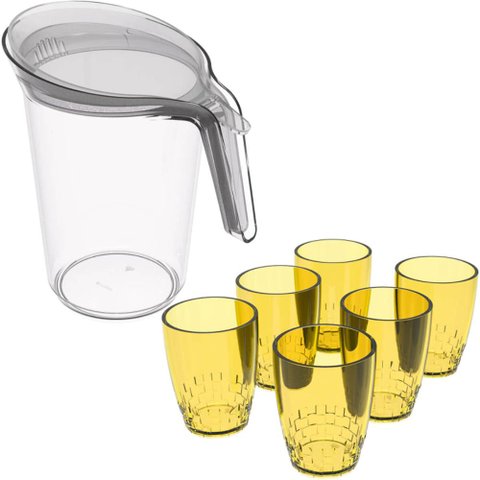 6 Copos Amarelos 300ml e 1 Jarra Transparente 2l com Tampa Água Suco Crippa