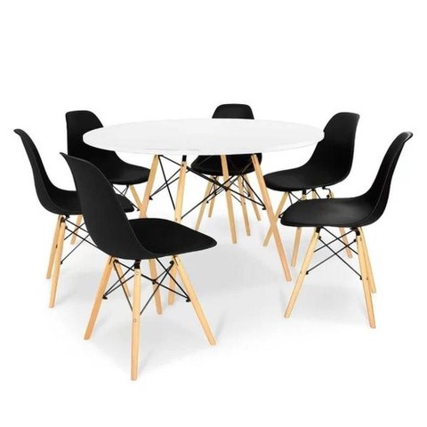 Conjunto de Mesa de Jantar Eames Eiffel Redonda 110cm Tampo de Madeira Branco com 6 Cadeiras Pretas