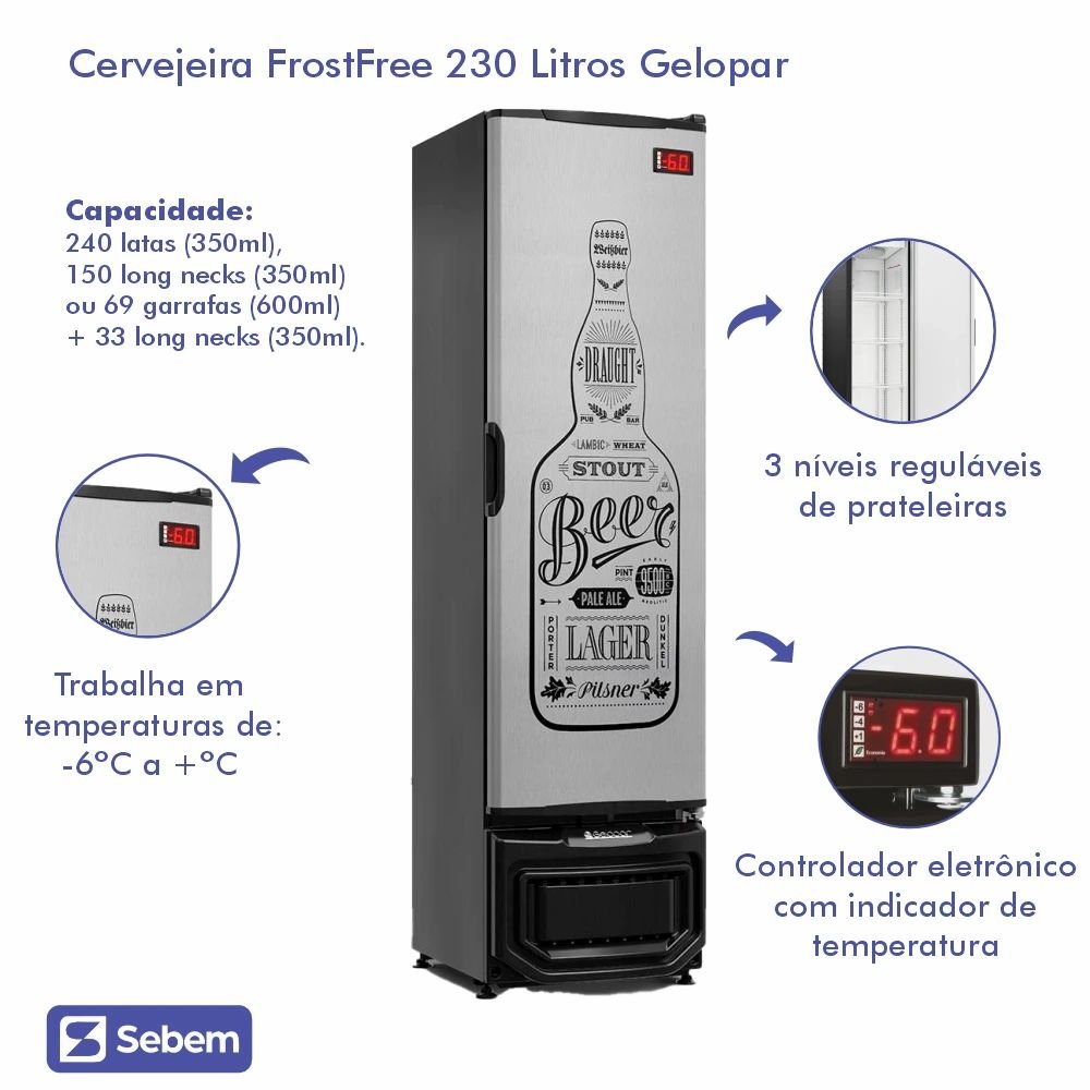 Cervejeira Vertical Frost Free Inox 230 Litros Gelopar 127v - 4