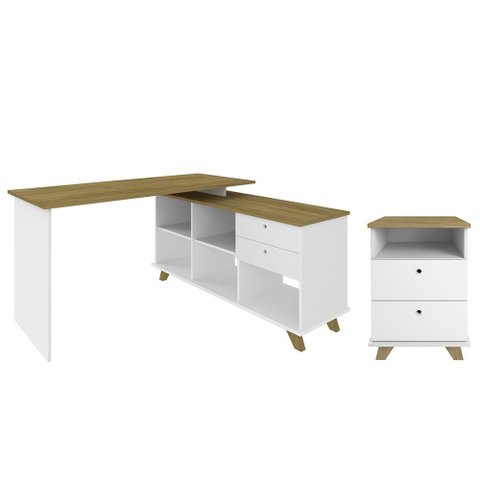 Mesa Escrivaninha em L Golden e Gaveteiro 2 Gavetas May A06 Olmo/branco - Mpozenato