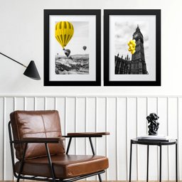 Kit 2 Quadros Balões Amarelos - 60x48cm:madeira Branca - 1