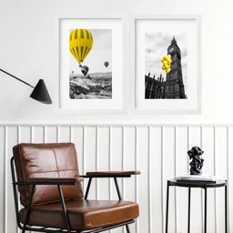 Kit 2 Quadros Balões Amarelos - 60x48cm:madeira Branca - 2