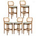 Ver imagem 1 de Kit 5 Banquetas Alta para Balcão Decor Madeira Imbuia Encosto Rattan Linho Linho Verde L84 Rmi