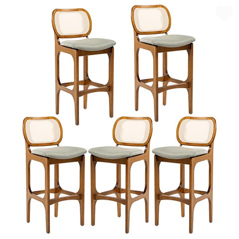 Kit 5 Banquetas Alta para Balcão Decor Madeira Imbuia Encosto Rattan Linho Linho Verde L84 Rmi