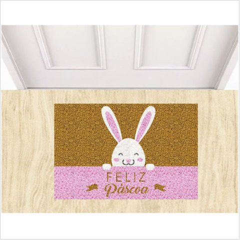 Tapete Capacho Feliza Páscoa. Cor Ouro