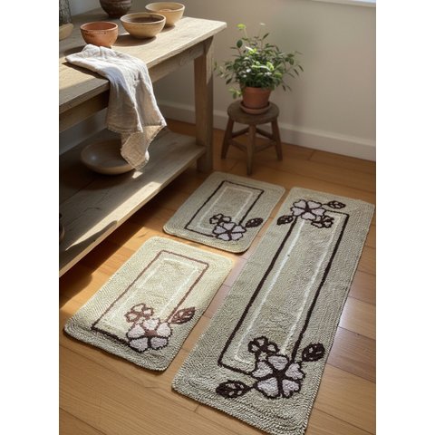 Jogo de Tapete Cozinha Artesanais Floral Tons Neutros 3 Peças Feito À Mão