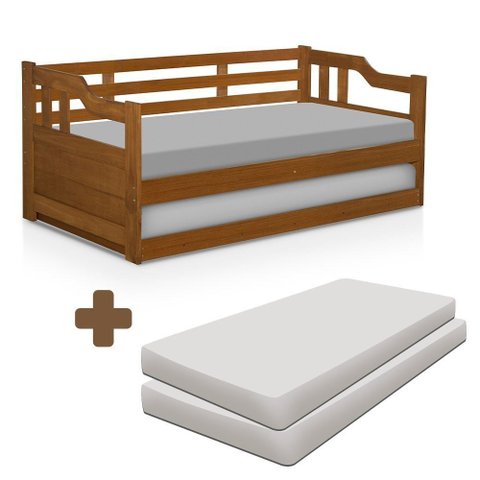 Sofá Cama Solteiro de Madeira Maciça e com Cama Auxiliar e Colchão Atraente Castanho