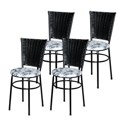 4 Cadeiras Preta para Mesa Hawai Preta Assento Floral:floral Branco