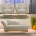 Ver imagem 1 de Kit Diva Recamier Vanessa 140cm Lado Direito e 02 Poltronas Laura Suede Bege - Amarena Móveis