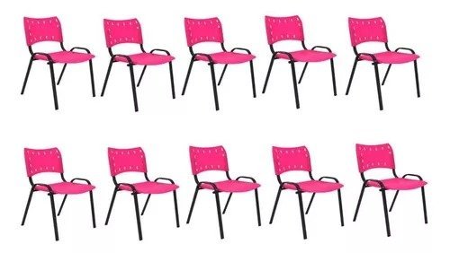 Kit Com 10 Cadeiras Iso Para Escola Escritório Comércio Rosa Base Preta - 1