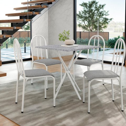 Conjunto Mesa com 4 Cadeiras 544.Arc e Tampo Quadrado Diamante Branco/Cinza