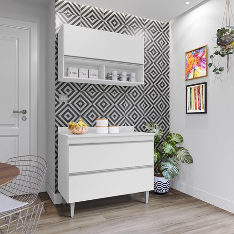 Kit de Cozinha Esmeralda 100cm 3 Portas com Tampo Branco Maderatto Móveis
