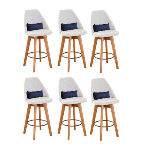 Kit 06 Banquetas Linho Bege E Almofada Suede Azul Marinho