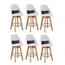 Ver imagem 1 de Kit 06 Banquetas Linho Bege E Almofada Suede Azul Marinho