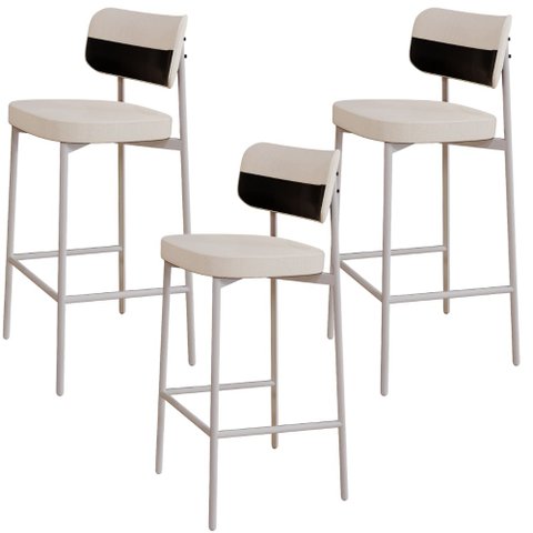 Kit 03 Banquetas Alta Bar Cozinha Sala de Jantar Aço Branco Kaira C01 Linho Palha Courino Preto - Ly