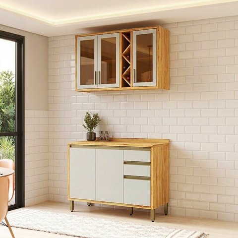 Cozinha Modulada Compacta 2 Peças 5 Portas e 3 Gavetas 100% MDF 120cm Barbados Espresso Móveis Bege/Amêndoa/Off-White