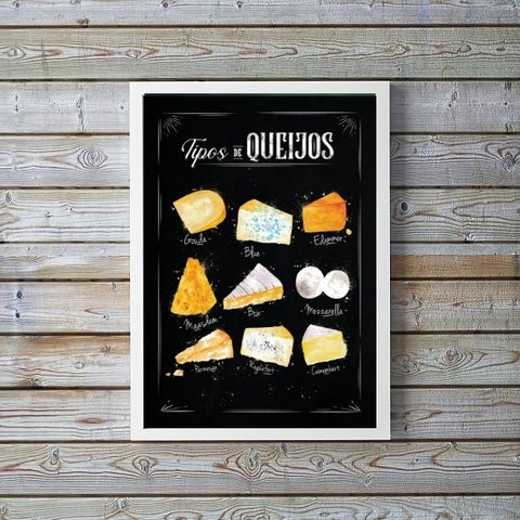 Quadro Decorativo Tipos de Queijo 24x18cm:madeira Branca