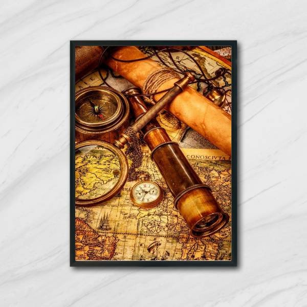 Quadro Cartografia com Lupa e Luneta 33x24cm - com vidro:Madeira preta