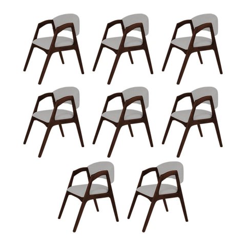Conjunto com 8 Cadeiras de Jantar Estofada Gabriela em Madeira e Mdf Castanho Linho Cinza Prata