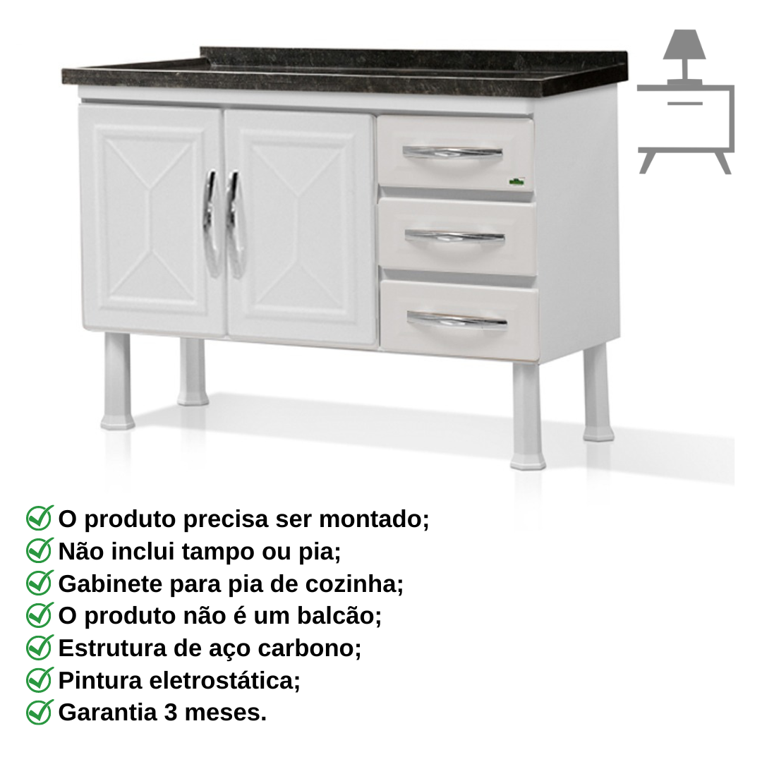 Gabinete de Aço 120 - 03 Gavetas Ellos para Cozinha:preto - 3