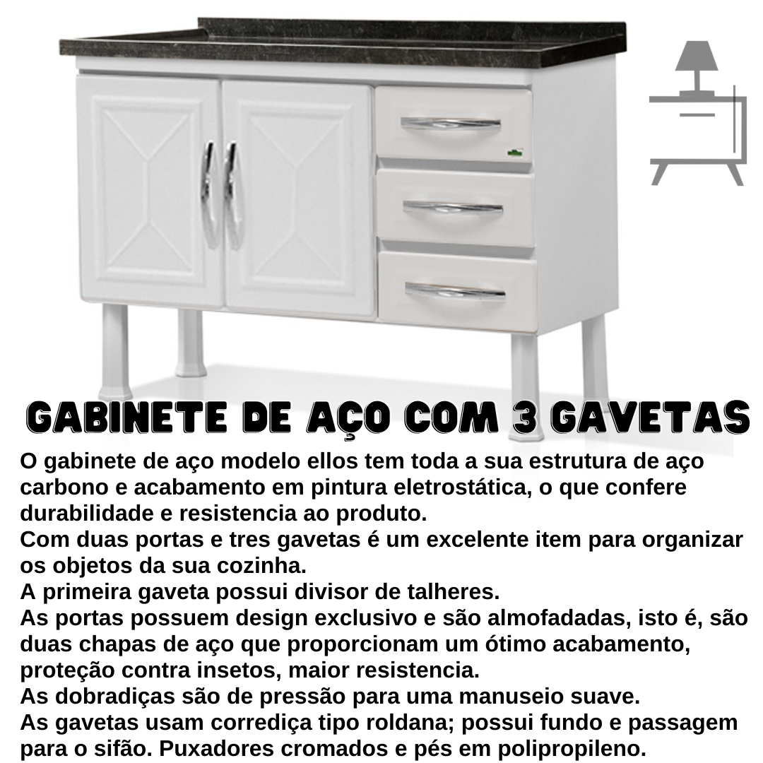 Gabinete de Aço 120 - 03 Gavetas Ellos para Cozinha:preto - 4