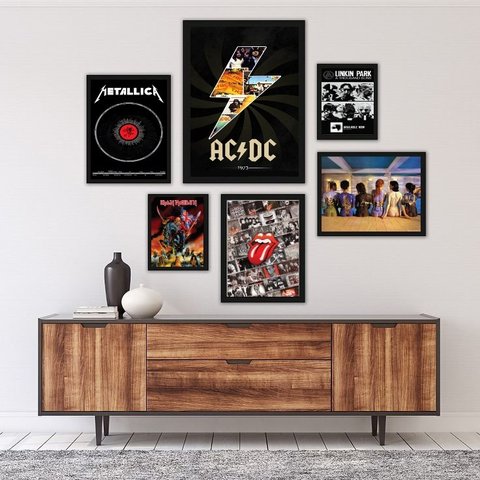 Kit Composição 6 Quadros Bandas de Rock:madeira Branca